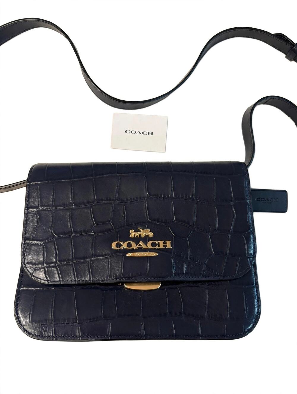 Coach Black Croc Embossed Leather Crossbody Bag Gold Hardware Adjustable Strap